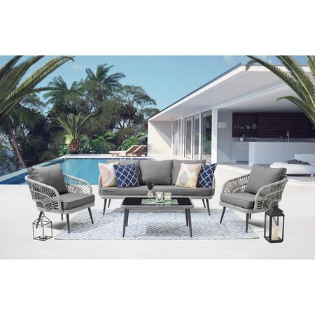 Manhattan Comfort Riviera Rope Wicker 4-Piece 5 Seater Patio Conversation Set with Cushions in Grey OD-CV015-GY